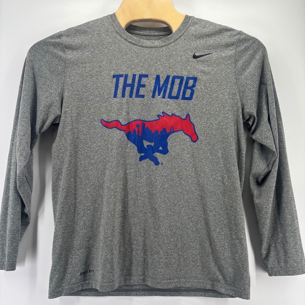 Nike Dri-FIT Long Sleeve Shirt Mens L Gray SMU Mustangs The Mob Dallas Skyline